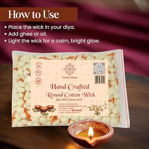 Exotic Veda Organic Round Cotton Oil Lamp Wicks Natural Non-Toxic Biodegradable Handspun Wicks for Oil Lamp Eco-Friendly Cotton Batti for Diya Spiritual Use with Two Brass Wick Holder(Pack of 250) - Image 3