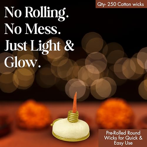 Exotic Veda Organic Round Cotton Oil Lamp Wicks Natural Non-Toxic Biodegradable Handspun Wicks for Oil Lamp Eco-Friendly Cotton Batti for Diya Spiritual Use with Two Brass Wick Holder(Pack of 250) - Image 4