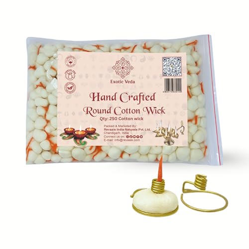 Exotic Veda Organic Round Cotton Oil Lamp Wicks Natural Non-Toxic Biodegradable Handspun Wicks for Oil Lamp Eco-Friendly Cotton Batti for Diya Spiritual Use with Two Brass Wick Holder(Pack of 250) - Image 1