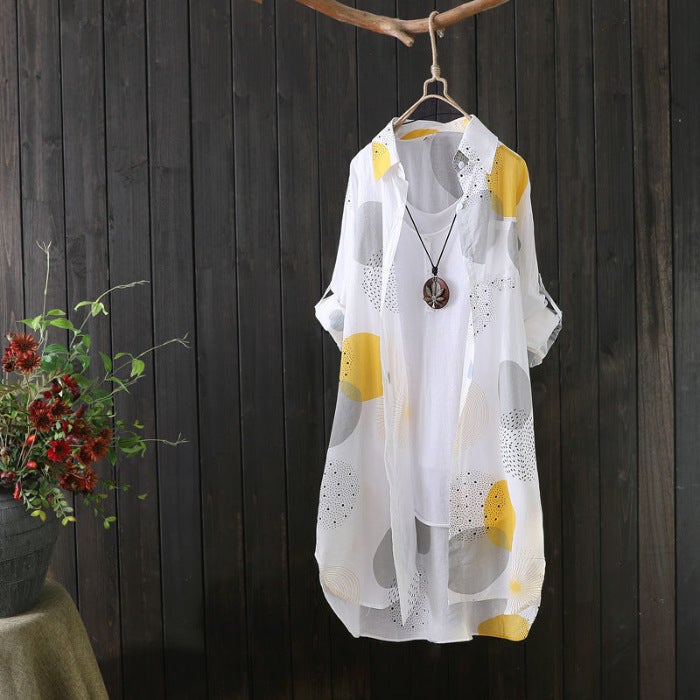 Generic Shirt Mid-length Printed Chiffon Sunscreen Shirt Womens Summer New Loose Cardigan Outer Thin Coat Women Yellow