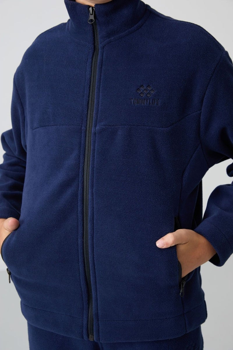 Tommy Life Navy Blue Thick Soft Texture Standard Fit Embroidered Polar Fleece Boy Sweatshirt - 11223  - Image 3