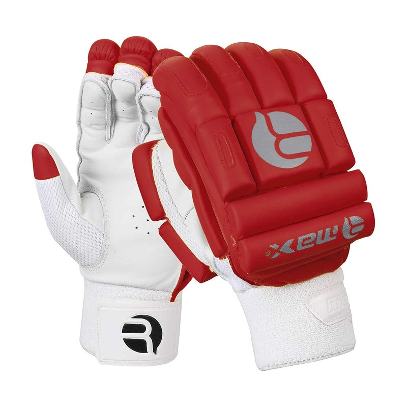 RMAX Unisex Leather & PU Cricket Batting Gloves Superior Grip, Optimum Protection, Ventilated Palm, Lightweight Design (Senior, Right Hand) (RED) - Image 1
