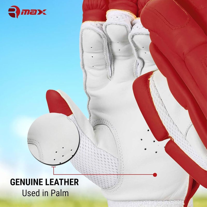 RMAX Unisex Leather & PU Cricket Batting Gloves Superior Grip, Optimum Protection, Ventilated Palm, Lightweight Design (Senior, Right Hand) (RED) - Image 3