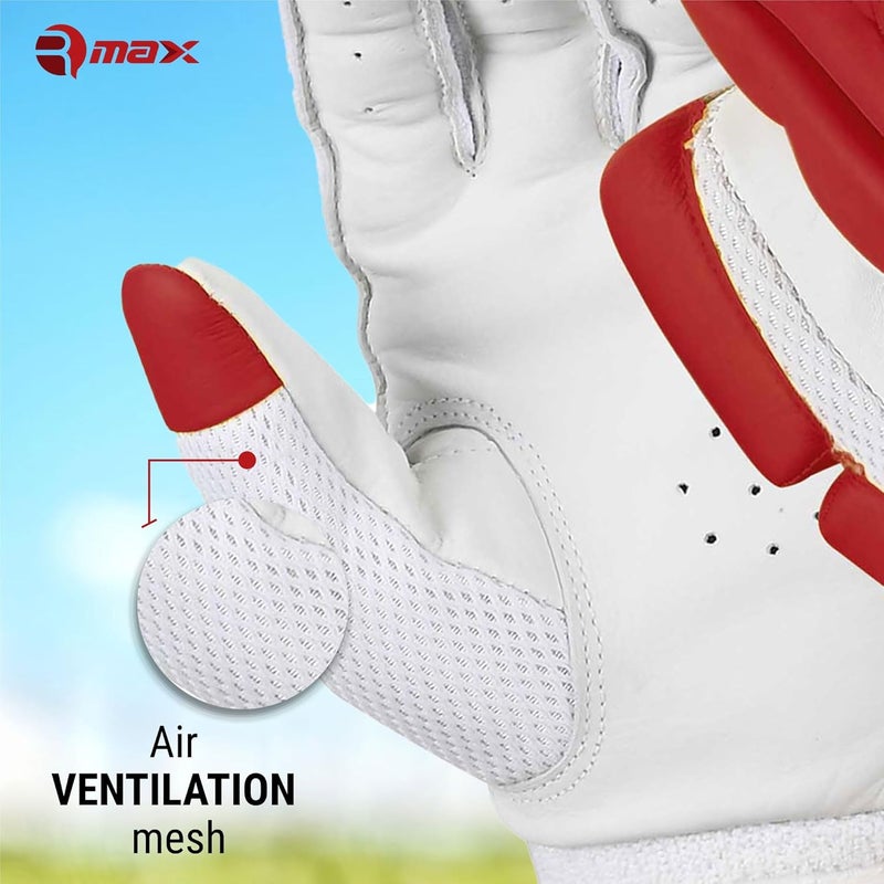 RMAX Unisex Leather & PU Cricket Batting Gloves Superior Grip, Optimum Protection, Ventilated Palm, Lightweight Design (Senior, Right Hand) (RED) - Image 5