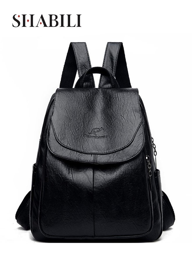 SHABILI Women PU Backpack Back Bag College School Tourist Shoulder Organizer Large-Capacity Multi-Pocket Stitching Daypack, Ladies Teen Youth Wear-Resistant Travel Casual Party Work Satchel Rucksack (Black) - Image 1
