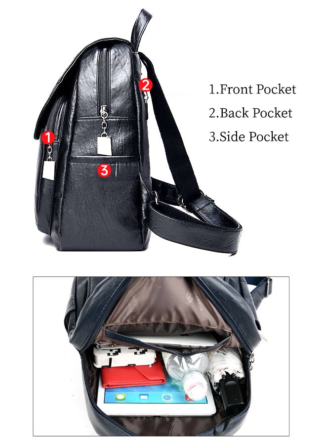 SHABILI Women PU Backpack Back Bag College School Tourist Shoulder Organizer Large-Capacity Multi-Pocket Stitching Daypack, Ladies Teen Youth Wear-Resistant Travel Casual Party Work Satchel Rucksack (Black) - Image 2