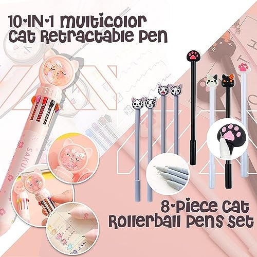 Primo Lines Kawaii Cute Stationary Set Pop Up Pencil Case,8 x Cat Pens,10-in-1 Multi Color Pen,2 x Stickers Cat Sticky Notes Page Markers and Fun Erasers Pack - Cat Stationary Set Cute Stationary Gift Set - Image 3