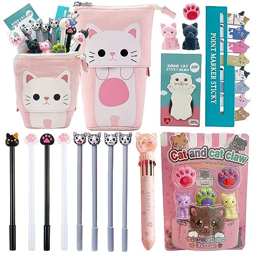 Primo Lines Kawaii Cute Stationary Set Pop Up Pencil Case,8 x Cat Pens,10-in-1 Multi Color Pen,2 x Stickers Cat Sticky Notes Page Markers and Fun Erasers Pack - Cat Stationary Set Cute Stationary Gift Set - Image 1