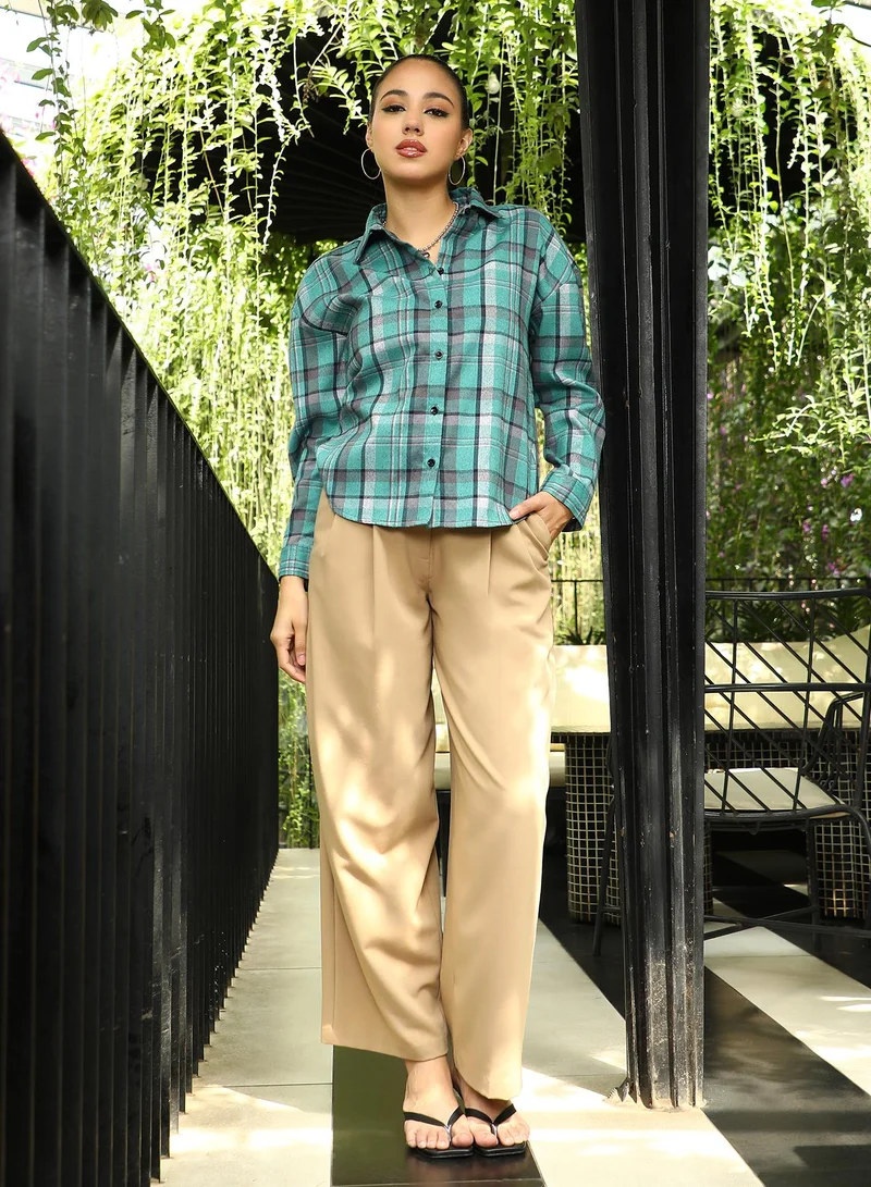 Pinacolada  Women's Fern Green Brushed-Plaid Oversized Shirt | نساء | أكمام طويلة | مربعات | طوق منتشر | كاجوال كبير الحجم | قميص for Women | Best Price UAE