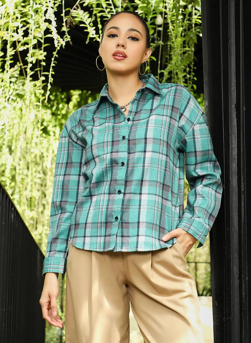 بينيا كولادا Women's Fern Green Brushed-Plaid Oversized Shirt | نساء | أكمام طويلة | مربعات | طوق منتشر | كاجوال كبير الحجم | قميص