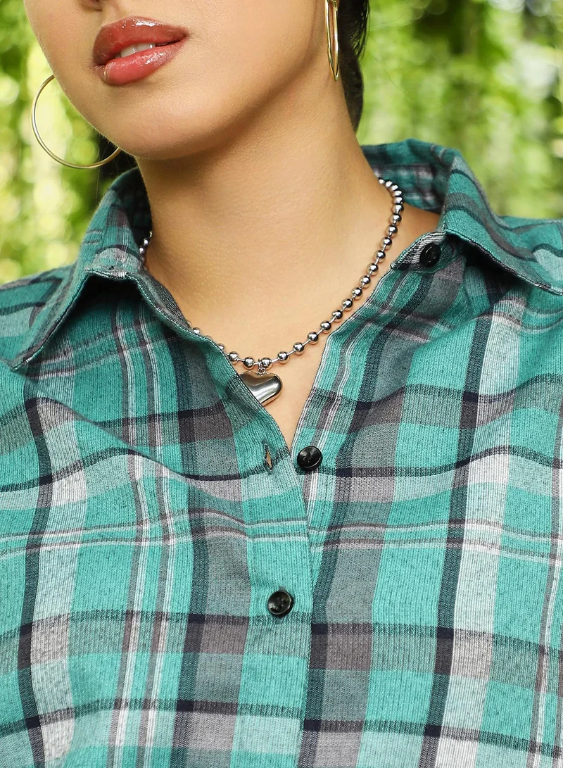 Pinacolada  Women's Fern Green Brushed-Plaid Oversized Shirt | نساء | أكمام طويلة | مربعات | طوق منتشر | كاجوال كبير الحجم | قميص for Women | Best Price UAE