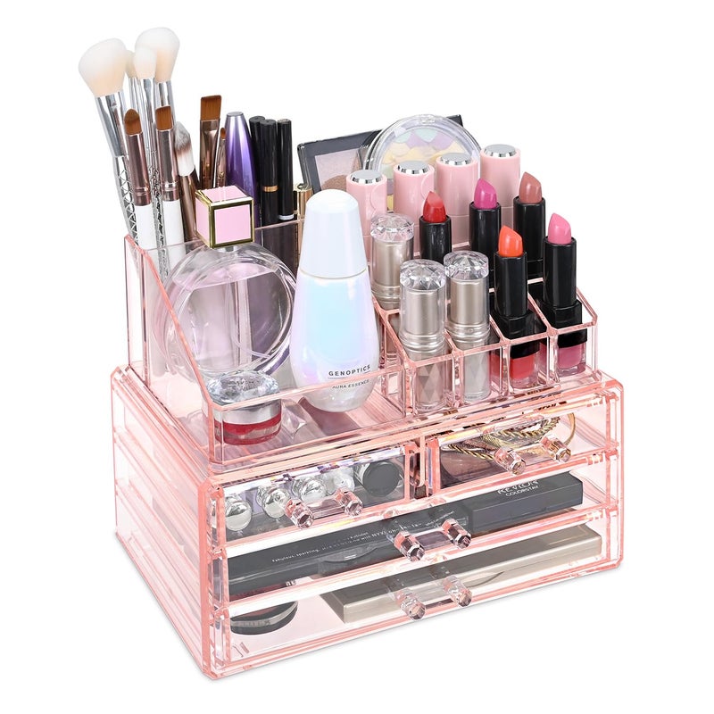 Ikee Design Pink Jewelry & Cosmetic Storage Display Boxes Two Pieces Set, Pink Cosmetic Jewelry Organizer Makeup Holder, Organizer for Vanity - Image 1