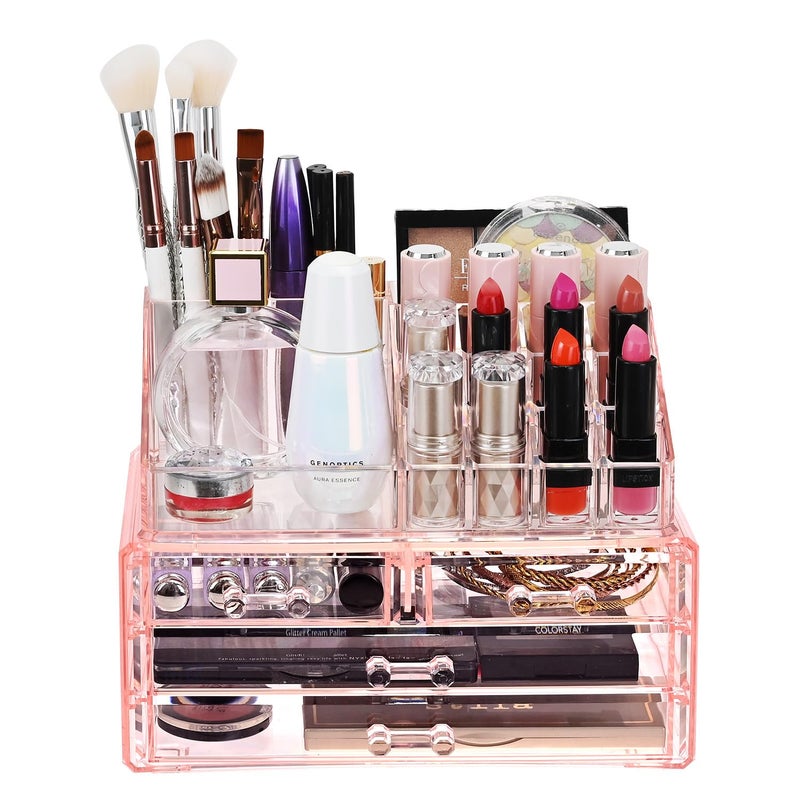 Ikee Design Pink Jewelry & Cosmetic Storage Display Boxes Two Pieces Set, Pink Cosmetic Jewelry Organizer Makeup Holder, Organizer for Vanity - Image 4