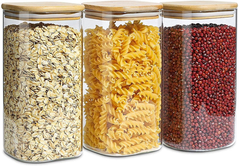 Macloom Square Glass Jars With Wood Lids Airtight And Stackable Storage Containers For Kitchen Pantry Bpa Free And Recyclable Canister For Food Cookies Coffee Pasta Sugar 3 Brown - Image 1
