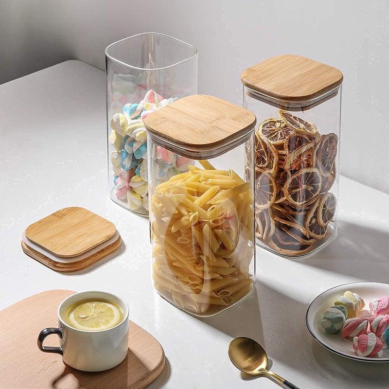 Macloom Square Glass Jars With Wood Lids Airtight And Stackable Storage Containers For Kitchen Pantry Bpa Free And Recyclable Canister For Food Cookies Coffee Pasta Sugar 3 Brown - Image 2