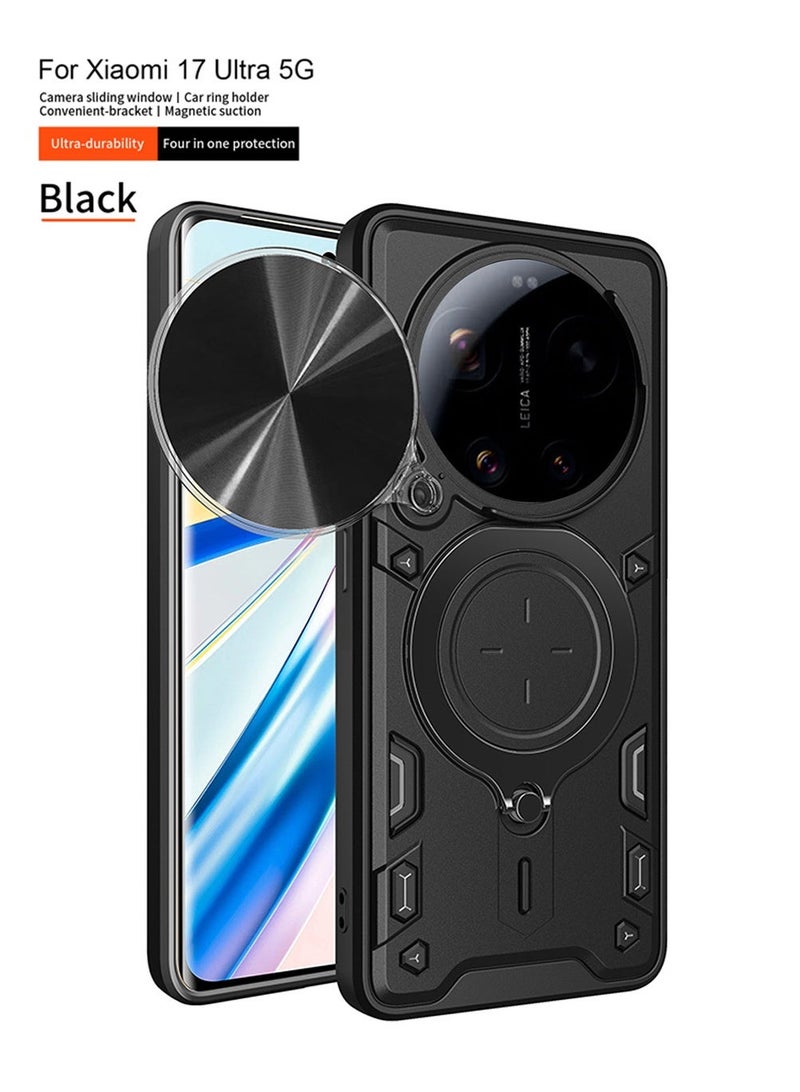 غطاء هاتف لـ Xiaomi 17 Ultra 5G مع غطاء للكاميرا وحامل حلقي، وحامل سيارة مغناطيسي متوافق، وغطاء واقي صلب من الخلف وحواف ناعمة مقاوم للصدمات - Image 2