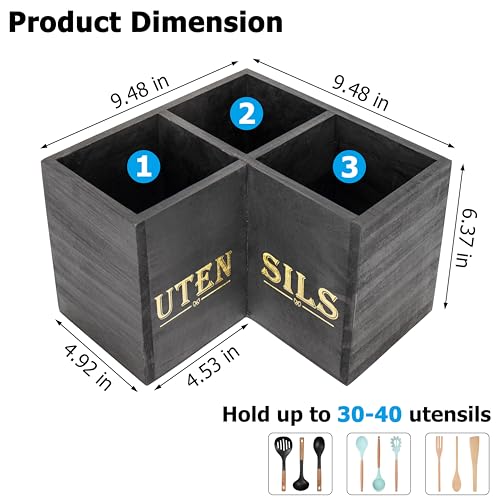 RedCall Kitchen Utensils Holder,Extra Large 3 Compartments Corner Utensil Caddy for Countertop,Wooden Farmhouse Utensil Organizer - Image 5