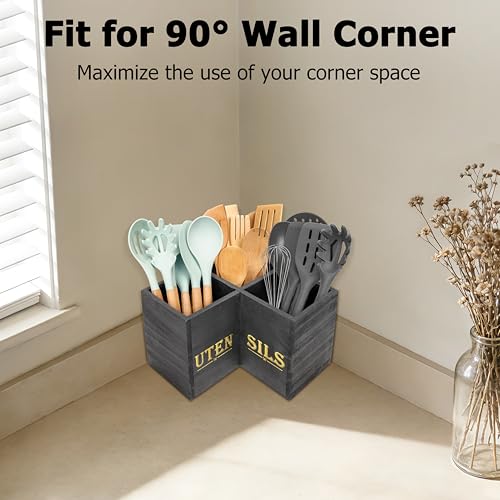 RedCall Kitchen Utensils Holder,Extra Large 3 Compartments Corner Utensil Caddy for Countertop,Wooden Farmhouse Utensil Organizer - Image 2