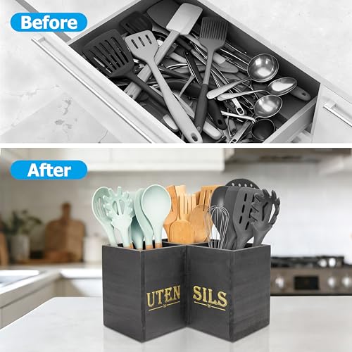 RedCall Kitchen Utensils Holder,Extra Large 3 Compartments Corner Utensil Caddy for Countertop,Wooden Farmhouse Utensil Organizer - Image 4