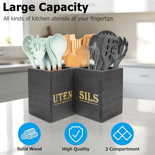 RedCall Kitchen Utensils Holder,Extra Large 3 Compartments Corner Utensil Caddy for Countertop,Wooden Farmhouse Utensil Organizer - Image 3