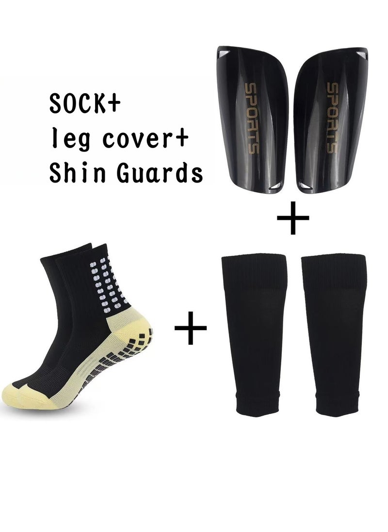 Laseta 3 Pairs foot ball sock set (1Sock +1 Pair Of Calf Guard Socks+ 1 Pair Of Football Shin Guards),Free Size,Black 