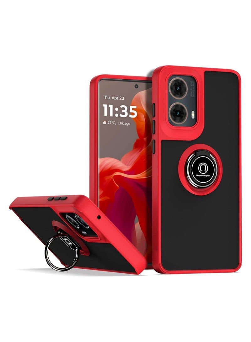 غطاء متوافق مع Motorola Moto G85 5G، مزود بحلقة لحمل الهاتف، مصنوع من مزيج ي كربونات + TPU المقاوم للصدمات. يتميز الغطاء بسطح غير لامع وشفاف جزئيًا لتوفير حماية لجهاز Moto G85.