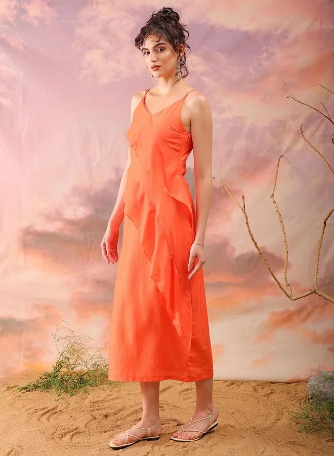 مرفوعة Women Flared Casual Solid Ruffle Dress