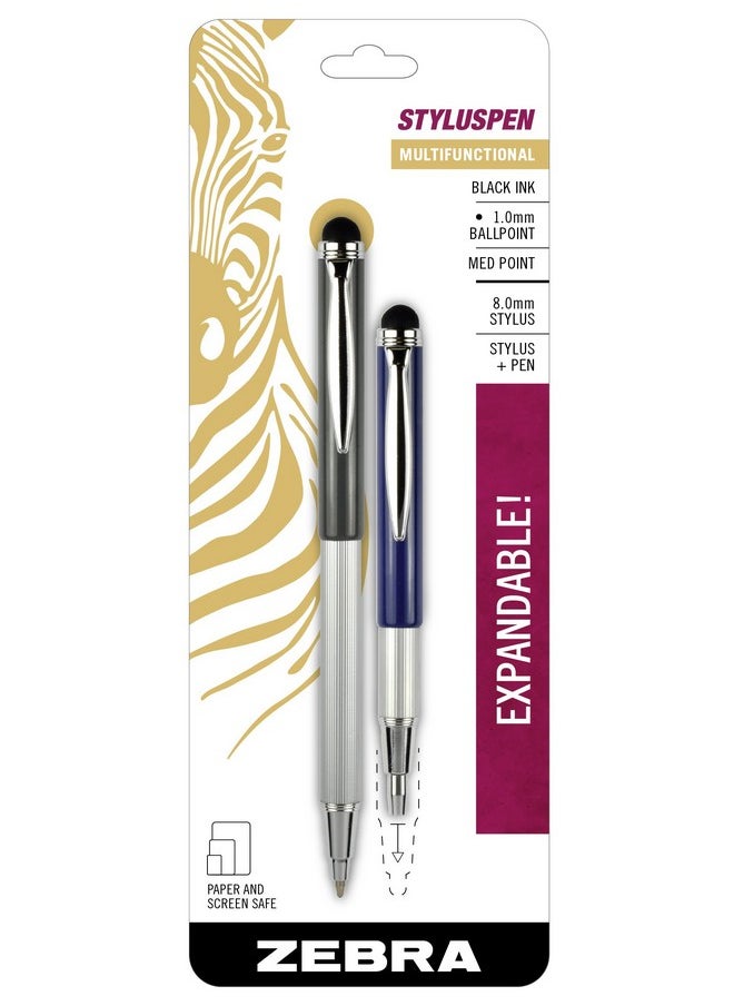 Zebra Pen Zebra Pen StylusPen Telescopic Ballpoint Pen, Medium Point, 1.0mm, Black Ink, Grey and Navy Barrels, 2-Count  - Image 1