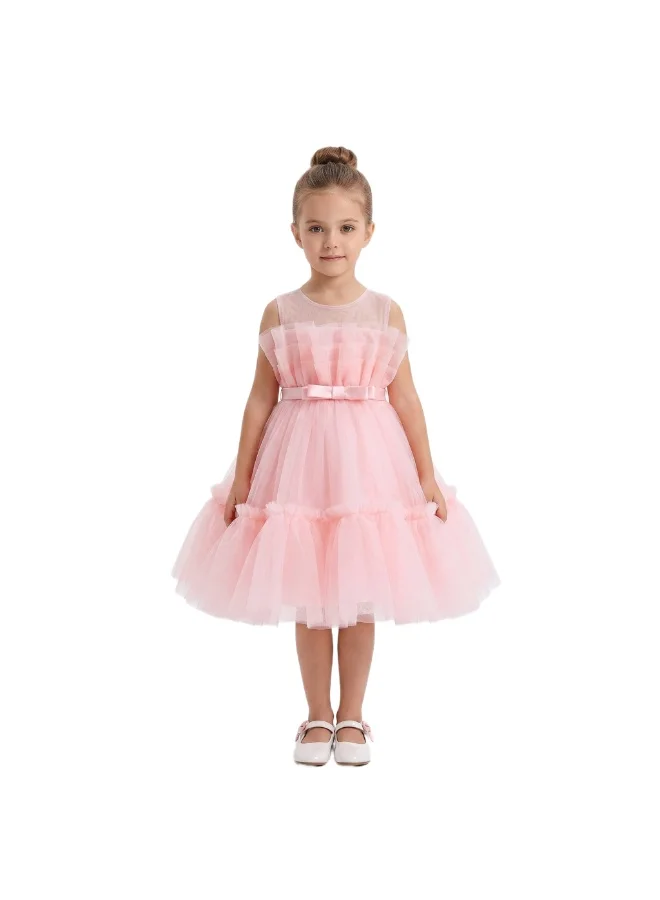 Bidani Girls Ruffle Party Dress with Satin Bow - Blush Pink