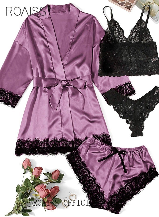 4 Pack Women's Nightwear Set Lace Trimmed Lightweight Silk Satin Sleepwear Pajama Ladies Summer Breathable Home Wearing Clothes Suits (Underwear + Panties + Robe + Shorts) Purple and Black