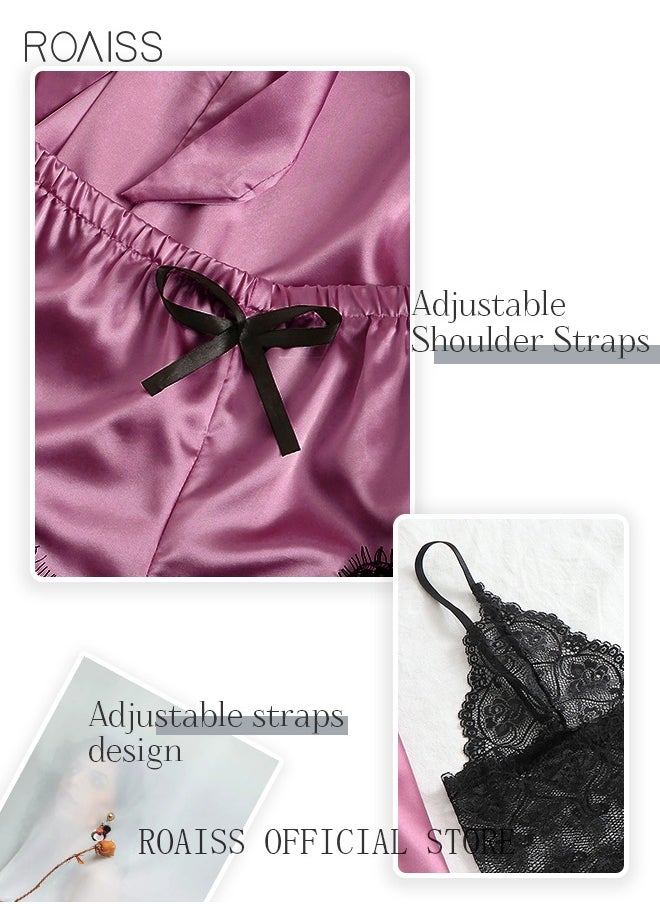 roaiss - 4 Pack Women's Nightwear Set Lace Trimmed Lightweight Silk Satin Sleepwear Pajama Ladies Summer Breathable Home Wearing Clothes Suits (Underwear + Panties + Robe + Shorts) Purple and Black - Image 1