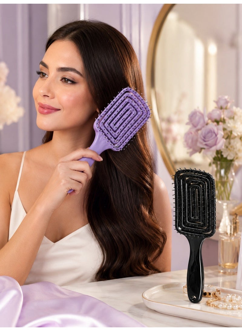 Ucanbe 2pcs Volumizing Curved Vent Hair Brush Set – Purple & Black Anti-Static Styling Brushes for Long Hair, Hollow Rib Design - Image 2