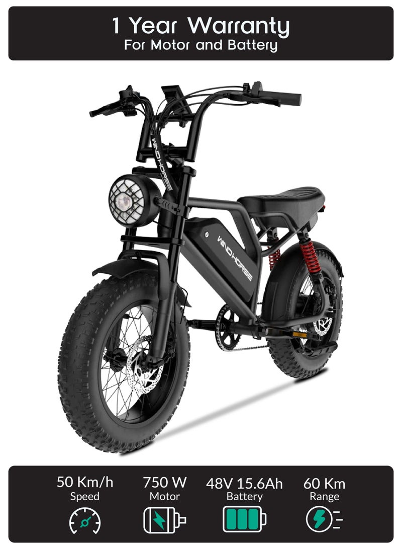 ويندهورس دراجة كهربائية V8 Mini محرك 750 واط بطارية 48V 15.6Ah مدى يصل إلى 60 كم فرامل قرصية أمامية وخلفية نظام تعليق مزدوج 3 سرعات سماعة بلوتوث للجنسين - Image 1