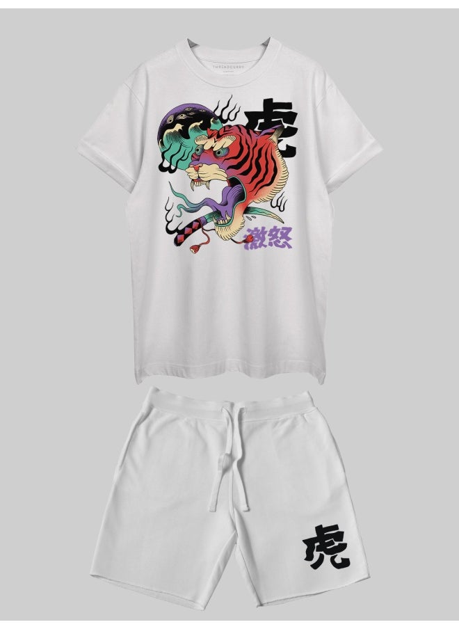 THREADCURRY THREADCURRY Japanese Tiger Printed Co-ord Set for Men - Half Sleeve Oversized T-Shirt and Shorts  - Image 1