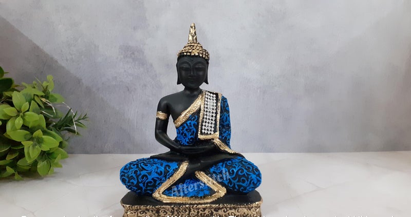 AFTERSTITCH Gautam Buddha Statue for Home Decor Big Size Idols Living Room Door Entrance Decoration Items Decorative Showpiece Figurine, Resin, Black, Blue, 18x12x6 cm - Image 2