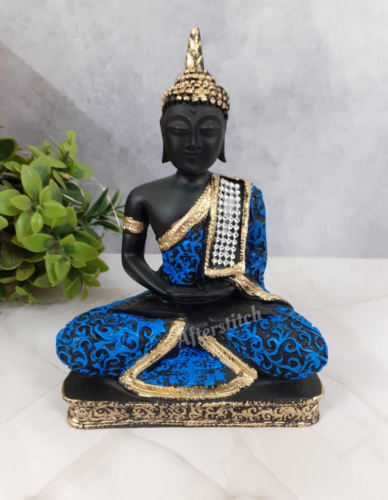 AFTERSTITCH Gautam Buddha Statue for Home Decor Big Size Idols Living Room Door Entrance Decoration Items Decorative Showpiece Figurine, Resin, Black, Blue, 18x12x6 cm - Image 1