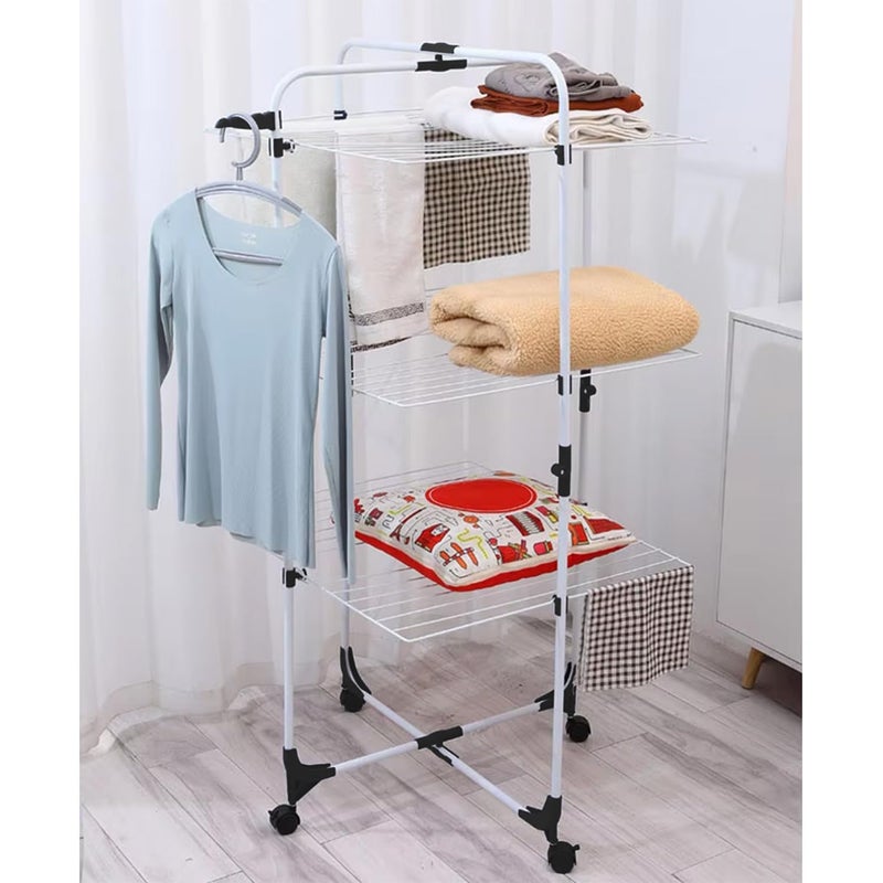 Lukzer Lukzer Premium 3 Tier Clothes Stand for Drying with Wheels Portable Layer Rack for Indoor Balcony Foldable Cloth Hanger 135x67cm  - Image 4