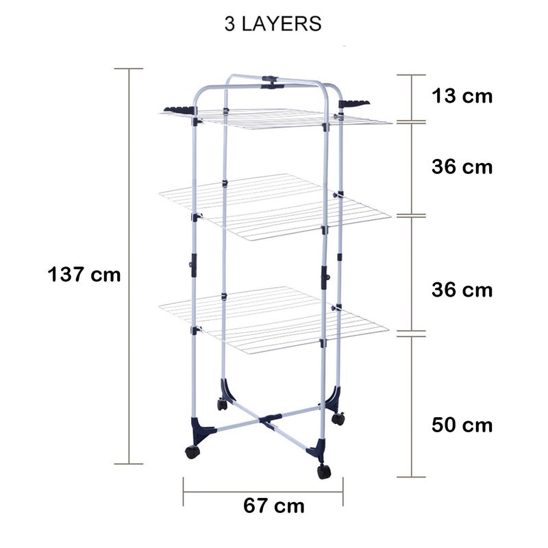 Lukzer Lukzer Premium 3 Tier Clothes Stand for Drying with Wheels Portable Layer Rack for Indoor Balcony Foldable Cloth Hanger 135x67cm  - Image 3