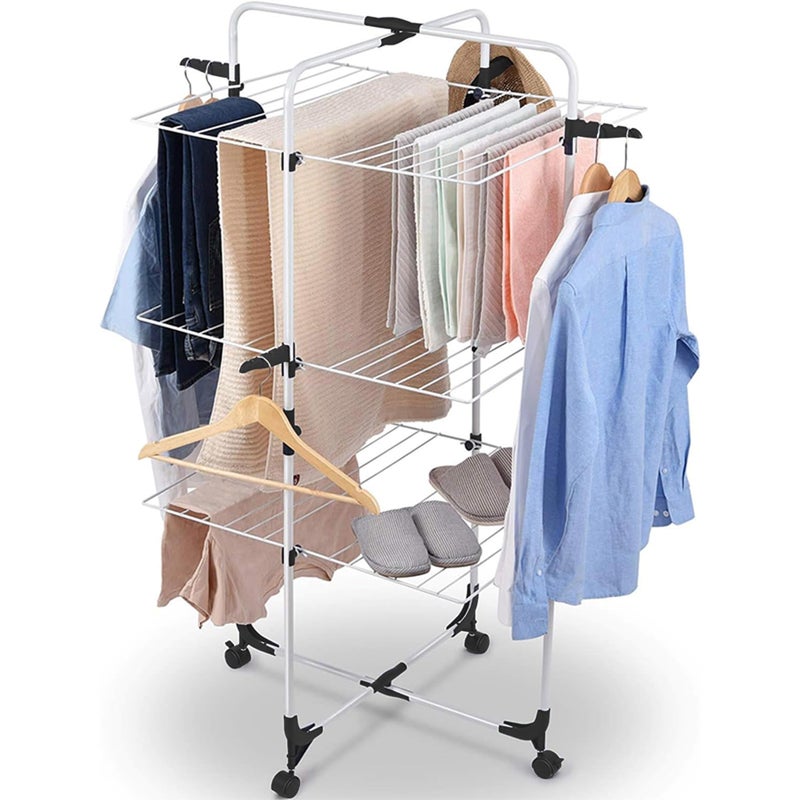 Lukzer Lukzer Premium 3 Tier Clothes Stand for Drying with Wheels Portable Layer Rack for Indoor Balcony Foldable Cloth Hanger 135x67cm  - Image 1
