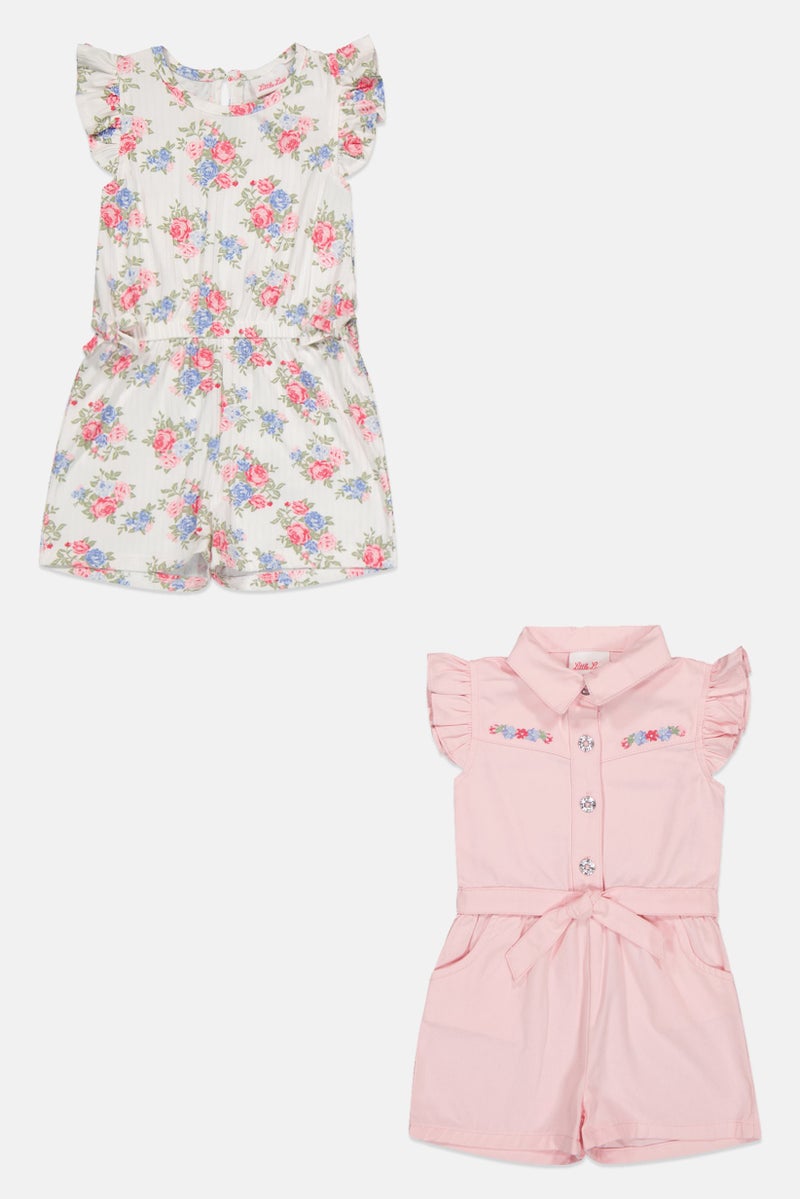 little lass Toddlers Girl 2 Pcs Embroidered Playsuit, Multicolor - Image 2