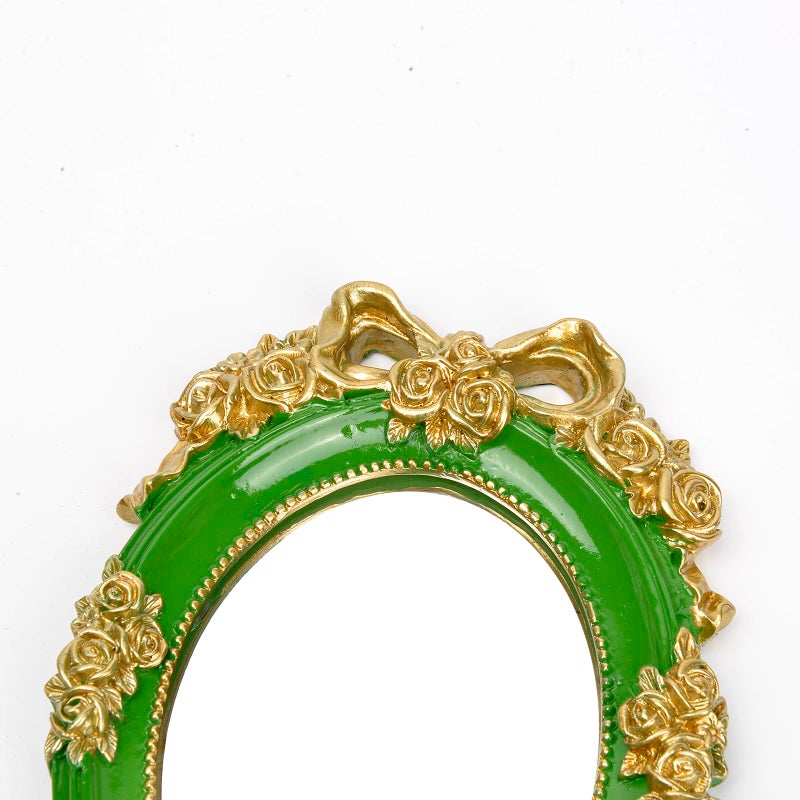 Nerien Nerien Handheld Mirror Vanity Makeup Mirror Travel Princess Metal Cosmetic Mirror Portable Oval Embossed Rose Mirrors Decorative Desk Girl Student Vintage Beautiful Handle Mirrors Green - Image 3