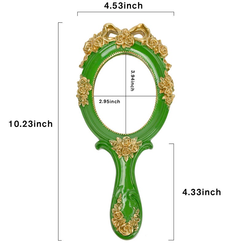 Nerien Nerien Handheld Mirror Vanity Makeup Mirror Travel Princess Metal Cosmetic Mirror Portable Oval Embossed Rose Mirrors Decorative Desk Girl Student Vintage Beautiful Handle Mirrors Green - Image 2