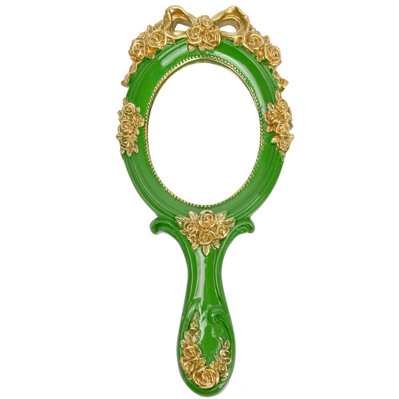 Nerien Nerien Handheld Mirror Vanity Makeup Mirror Travel Princess Metal Cosmetic Mirror Portable Oval Embossed Rose Mirrors Decorative Desk Girl Student Vintage Beautiful Handle Mirrors Green - Image 1