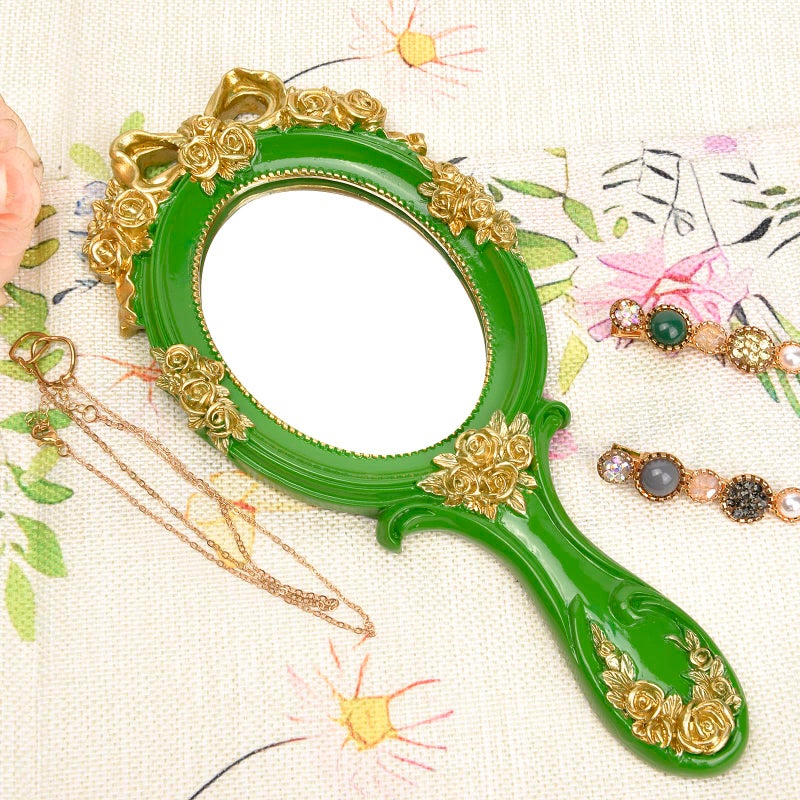 Nerien Nerien Handheld Mirror Vanity Makeup Mirror Travel Princess Metal Cosmetic Mirror Portable Oval Embossed Rose Mirrors Decorative Desk Girl Student Vintage Beautiful Handle Mirrors Green - Image 5