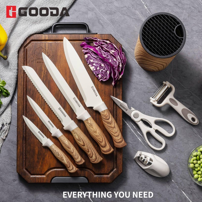 GOODA Knife Set,GOODA 9 Piece Kitchen Knife Set with Block and Sharpener, Anti-Rust Stainless Steel Cooking Knives Set for Kitchen, Chef Knife Block Set - Image 2