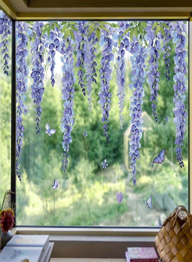 Whaline 9 Sheets Blue Purple Floral Window Cling Stickers Hanging Wisteria Flower Vine Window Decals Watercolor Reusable Anti-Collision Glass Doors Stickers for Spring Summer Party Home Classroom - Image 4