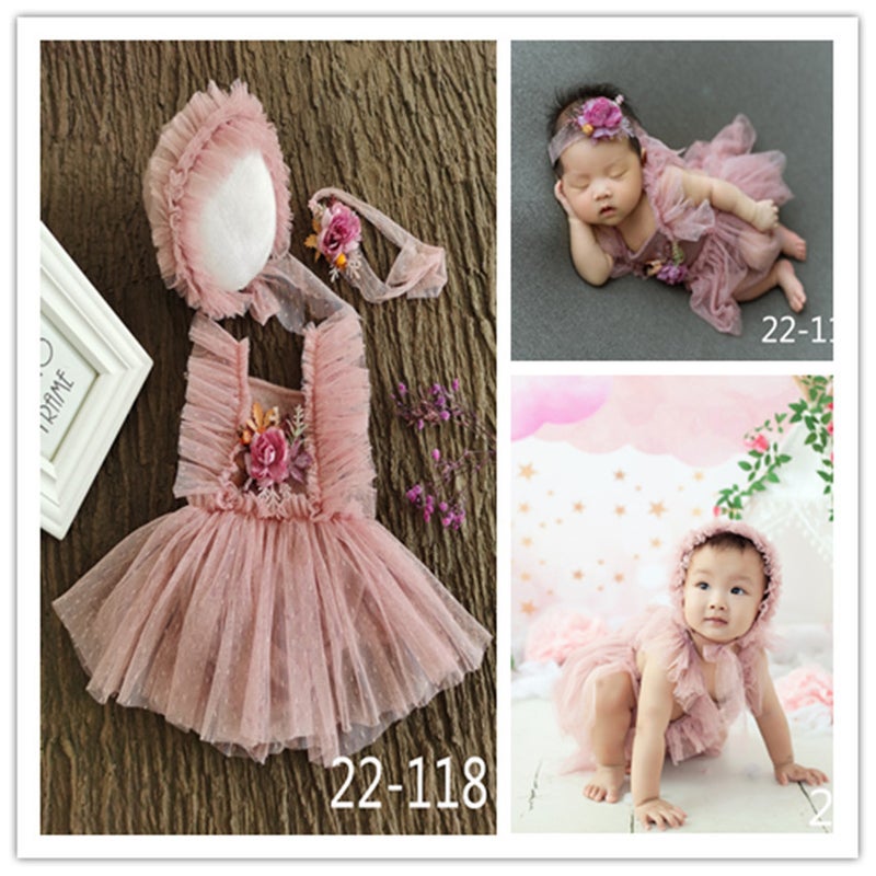general Newborn Baby Girl Photography Costume Princess Dress Set with Hat Pillow and Bear - Image 1
