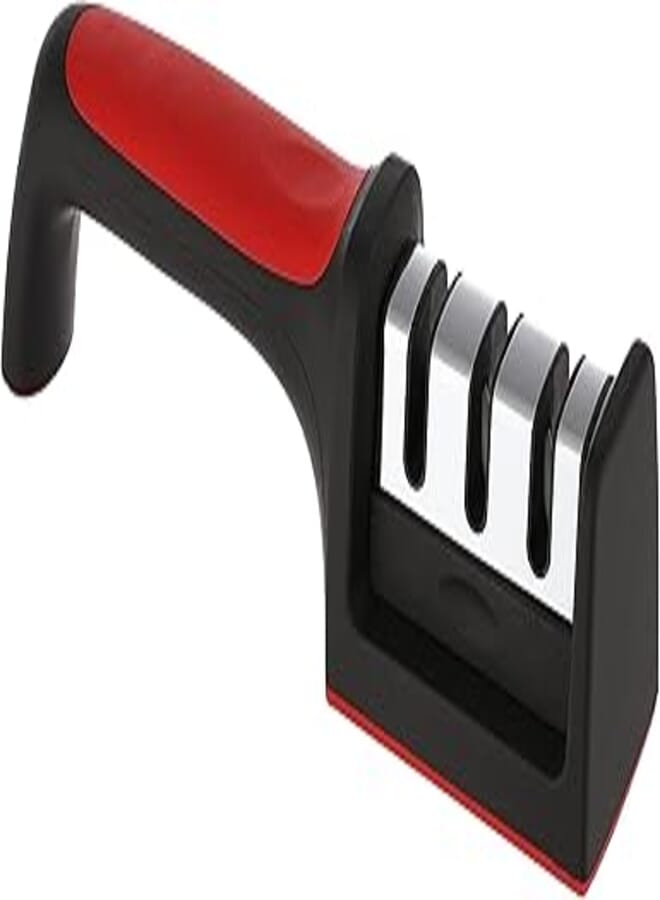 OR Other Stainless steel knife sharpener with plastic handle and 3 stage sharping system - black red