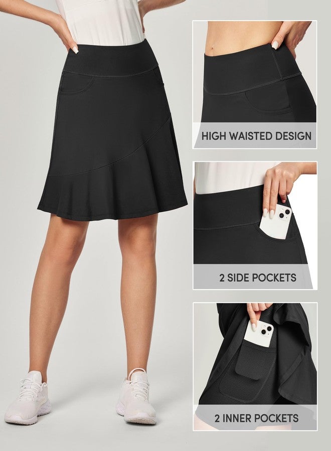 IUGA Ruffle Knee Length Skorts for Women with Pockets High Waisted Skirt with Shorts Underneath for Golf Athletic 20'' Black - Image 3