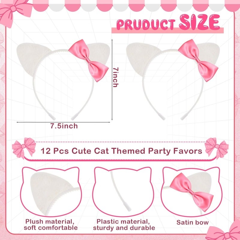 Cat Ears Headband 12-Pack: 5.5 X 5 Inches Soft Felt & Durable Plastic - Cute Bow Design Cat Ears Hair Accessory for Women, Cosplay, Birthday Parties, Spa & Photo Shoots - Image 2
